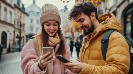 the happy couple ARE looking at the google map   while walking around venice , italy   on their holidays vacation trip 