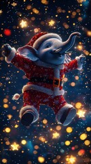 A cheerful elephant dressed in a Santa suit, joyfully flying amidst a backdrop of colorful stars and festive lights, capturing the spirit of celebration and holiday cheer.