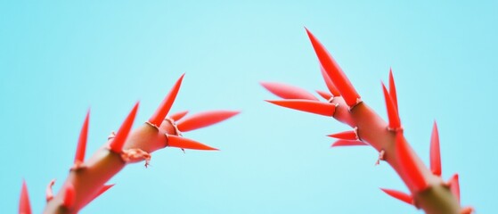 Aufkleber - Abstract Symmetry Blurred Red Cactus Silhouettes Against Gradient Sky Blue Background