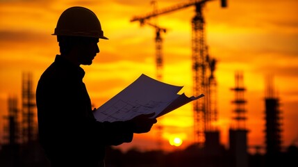 Aufkleber - Silhouette of a construction engineer studying a blueprint with cranes and construction equipment in the background