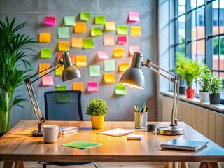 Colorful Sticky Notes & Sketches on Whiteboard with Futuristic Lamp - Innovative Sustainable Design