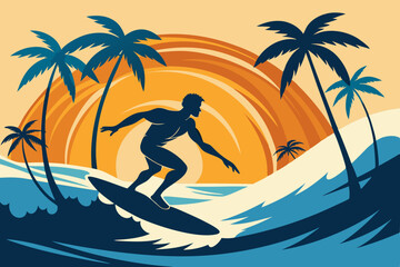 a silhouette of a surfer catching a big wave vector illustration 