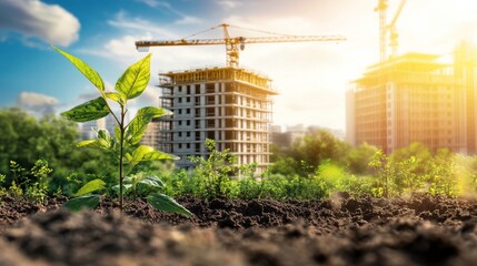 Poster - Sustainable construction: A scene highlighting sustainable construction practices, such as the use of renewable resources, energy-efficient techniques, and eco-friendly materials,