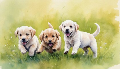 Three playful puppies running joyfully in a grassy field in a colorful watercolor painting