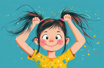 A little girl is holding her hair up in the air, making ponytails with both hands on a blue background.