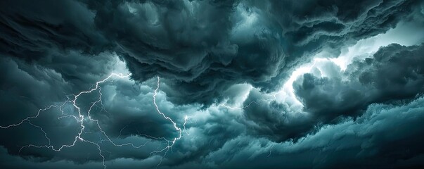 Poster - Dramatic storm clouds illuminated by lightning across a dark sky.