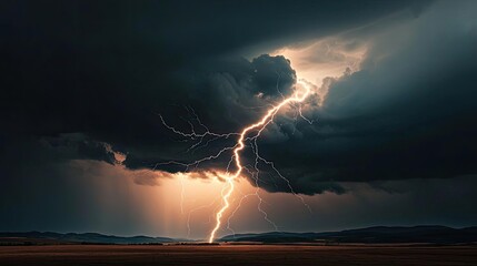 Poster - Dramatic lightning striking through dark storm clouds over an open landscape.