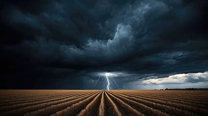 Poster - Dramatic stormy sky over field with lightning strike, powerful and atmospheric scene.