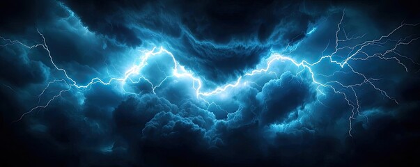 Poster - Dramatic lightning striking through dark storm clouds at night.