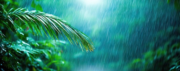 Poster - Rain falling through lush green foliage in a tropical forest.