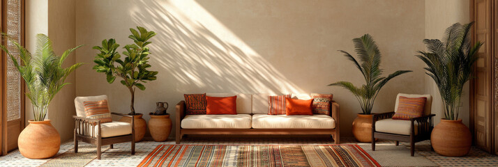 Poster - A cozy interior featuring stylish sofa adorned with orange cushions, surrounded by lush green plants in terracotta pots. warm sunlight casts beautiful shadows, creating serene atmosphere