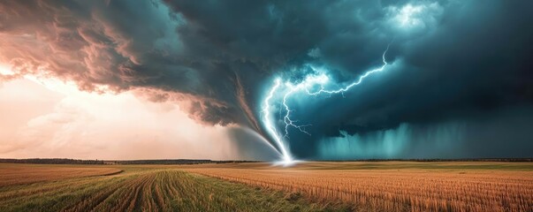 Poster - Dramatic lightning strikes a tornado under a stormy sky over an open field.