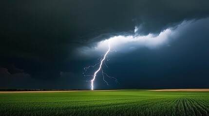 Poster - Dramatic lightning strikes over a vibrant green field under dark storm clouds.