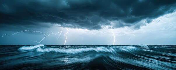 Poster - Stormy sea with lightning striking the clouds over turbulent waves.