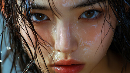 Canvas Print - Close-up of the face, a beautiful Japanese woman with long hair and bangs looking at the viewer from behind her head while it is raining, her wet black hair, big eyes, white eyelashes, glossy lips