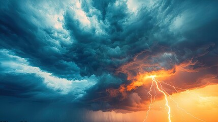 Poster - Dramatic storm clouds with lightning illuminating the sky at sunset.