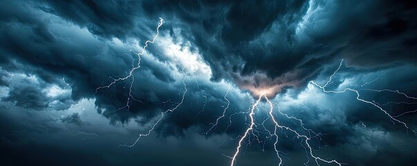 Poster - Dramatic thunderstorm with lightning and dark clouds, nature's powerful display.