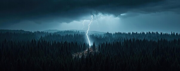 Poster - Dramatic storm sky with lightning over a dense forest landscape, creating a moody atmosphere.