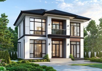 Modern two-story house design with a square shape, white walls, and wood accents, large windows for natural light, a spacious exterior with concrete or wooden facades