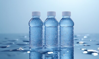 Wall Mural -  Bottled Water and Glass on a Light Blue Background 