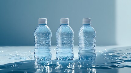 Wall Mural -  Bottled Water and Glass on a Light Blue Background 