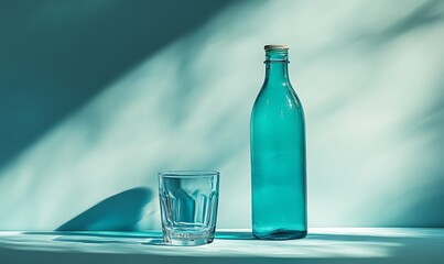 Wall Mural -  Bottled Water and Glass on a Light Blue Background 