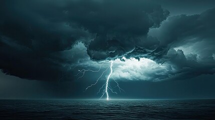 Poster - Dramatic lightning strikes during a storm over a dark ocean.