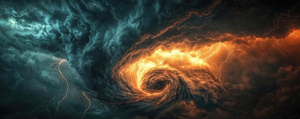 Poster - Dramatic swirling clouds with lightning and fiery colors, atmospheric image.
