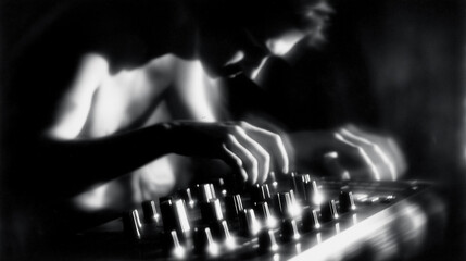 A passionate DJ immersed in deep focus while mixing beats during an underground music event at night