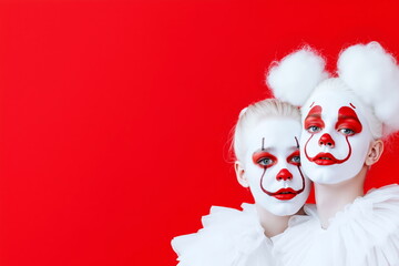 Two girls in white clown costumes and scary make up on red background with copy space for text.