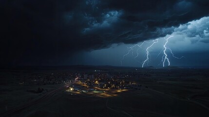 Poster - Dramatic storm clouds with lightning striking over a lit urban area at night.
