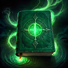 A closed, green, leatherbound book with a glowing green magical symbol on its cover. It sits on a swirling, glowing green surface, surrounded by green lightning.