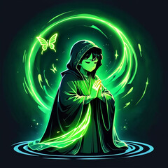 A hooded anime figure, surrounded by a glowing green circle, with hands clasped in prayer. The figure appears to be levitating, with butterflies and light emanating from it, creating a mystical aura.