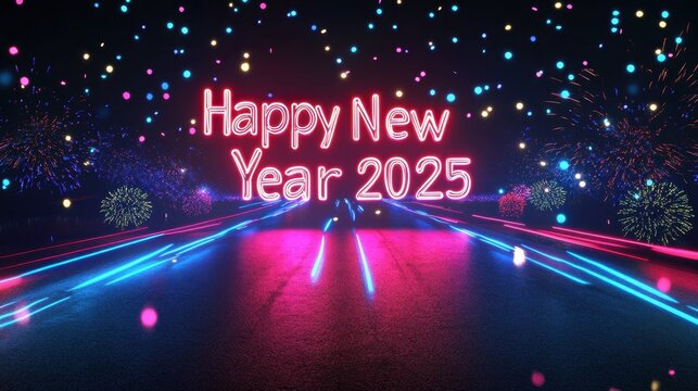 A neon-lit night scene of a New Years Eve celebration with 