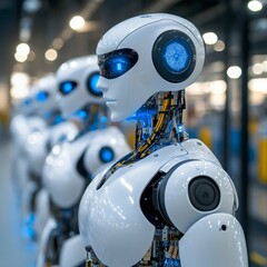 Poster - Robots powered by AI are working in factories. Humanoid robots with AI control robotic arms to build things. This is part of Industry 4.0, where AI is changing manufacturing.