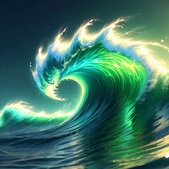 A large green wave with white foam crests against a dark blue background, illuminated with a soft, yelloworange glow. The wave appears to be glowing from within. The water is smooth and glassy with sl