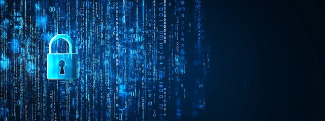 Blue digital background with a padlock symbol and binary code for a security concept vector illustration design, data protection design