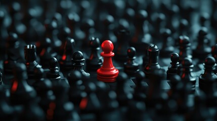 A bold red pawn stands out among a sea of black chess pieces, illustrating the concept of thinking differently and individuality