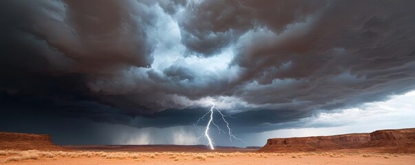 Aufkleber - Dramatic lightning strike against stormy desert landscape.
