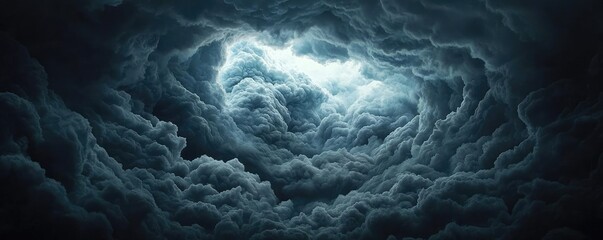Poster - Dramatic swirling storm clouds illuminated by a ray of light in a dark sky.