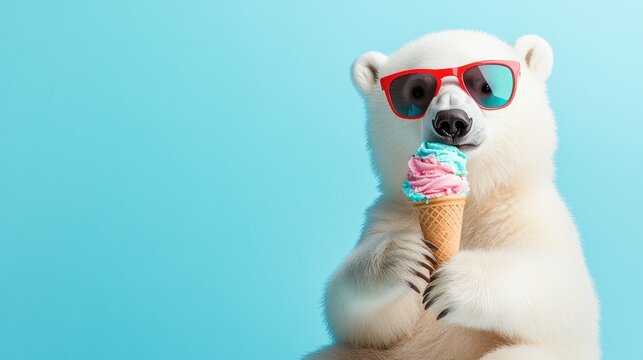 A cheerful polar bear wearing trendy sunglasses sits contentedly, enjoying a colorful ice cream cone on a bright day.
