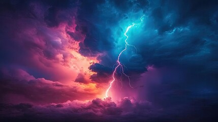 Poster - Dramatic lightning striking through colorful storm clouds at dusk.