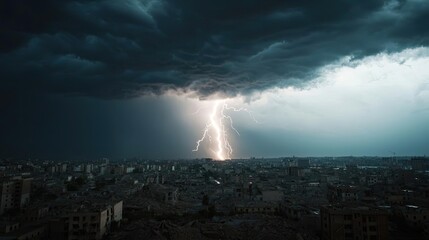 Poster - Dramatic lightning striking over a cityscape under a stormy sky.