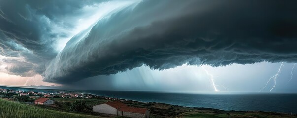 Poster - Dramatic storm clouds with lightning over countryside landscape.