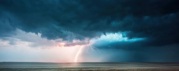 Poster - Dramatic storm clouds illuminated by lightning over a serene landscape.