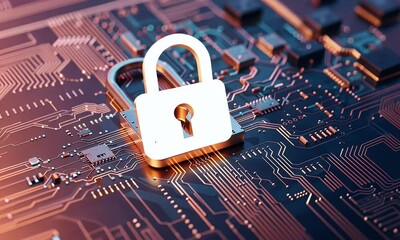 Poster - 3D rendering of a white padlock icon on a circuit board background with copy space for concepts related to security technology and data protection.