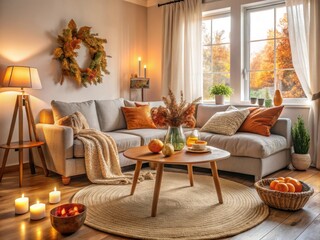 Cozy Minimalist Living Room with Light Sofa, Round Table, Autumn Decor, Vintage Style Photography, Warm Atmosphere, Home Interior, Natural Light, Seasonal Touches, Relaxing Space