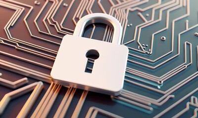 Poster - 3D rendering of a white padlock icon on a circuit board background with copy space for concepts related to security technology and data protection.