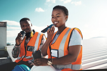 Aufkleber - Black woman, phone speaker and speaking at construction site, outdoor and inspector for urban plan. Female person, civil engineer and voice recording message to client, communication app and talking