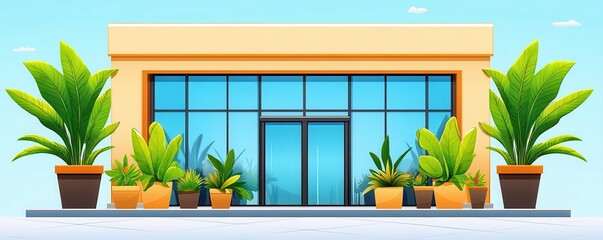 A stylish shophouse with large windows and plants outside, flat design, front view, tropical theme, cartoon drawing, Split-complementary color scheme